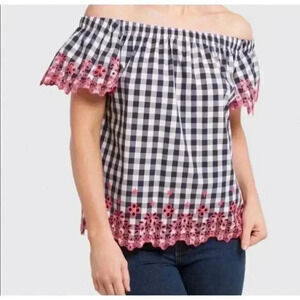 Draper James Dolly Off The Shoulder Top Eyelet Gingham Ruffle XS. 1263